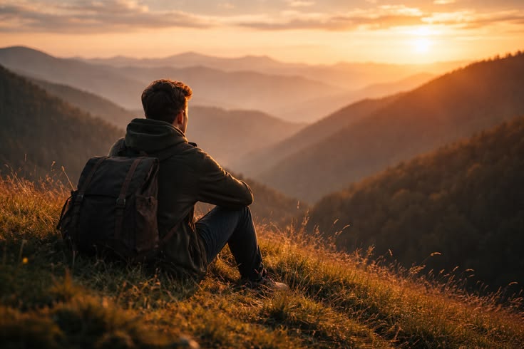 Hiker resting on a hillside during a long walk