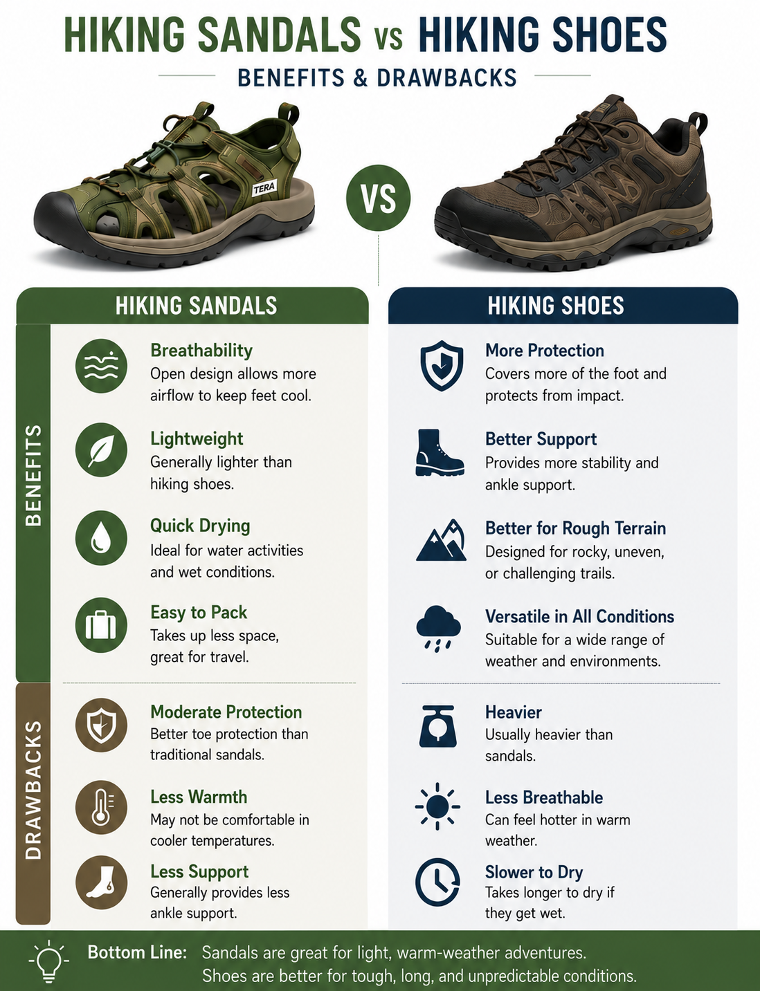 Infographic comparing hiking sandals and hiking shoes, including breathability, protection, support, weight, and comfort for outdoor activities.