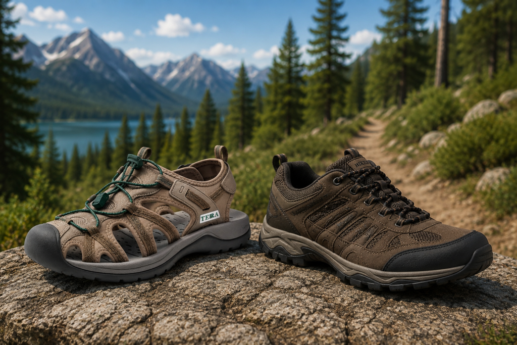 Closed-toe hiking sandals and hiking shoes displayed side by side on a mountain trail for outdoor footwear comparison.