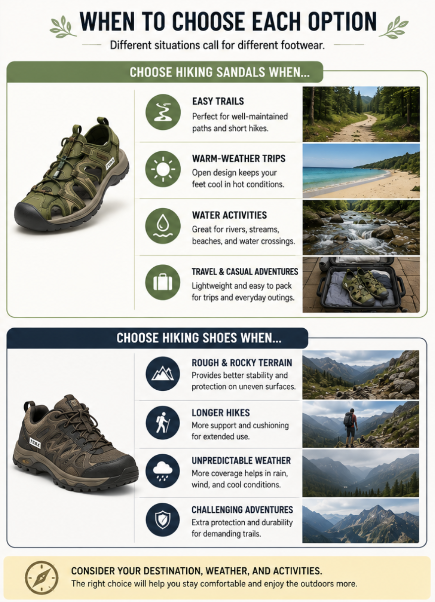 Infographic showing when to choose hiking sandals or hiking shoes based on trail conditions, weather, water activities, and hiking difficulty.
