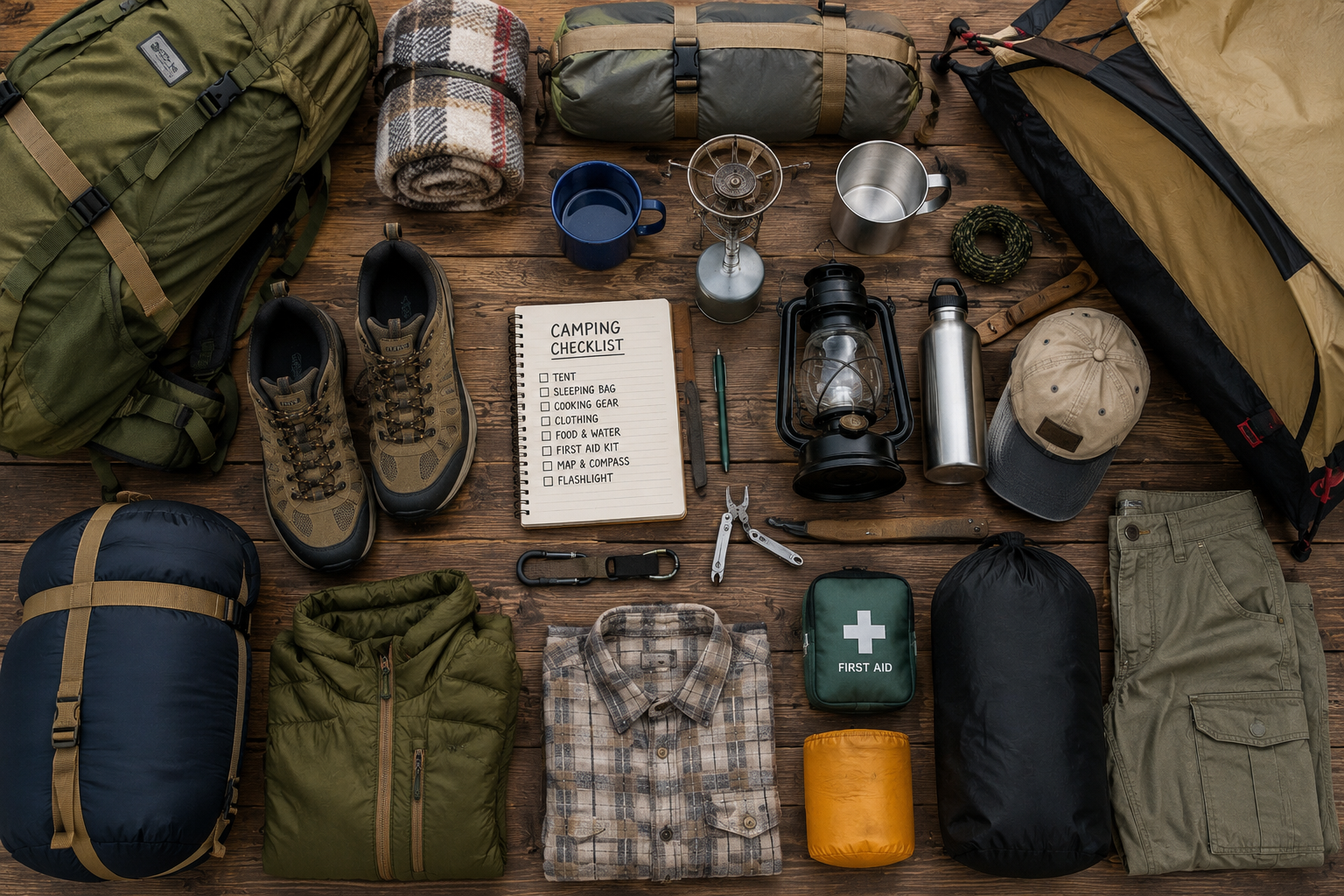 Camping checklist with essential gear including a tent, sleeping bag, hiking boots, clothing, first aid kit, and outdoor supplies arranged for trip preparation.