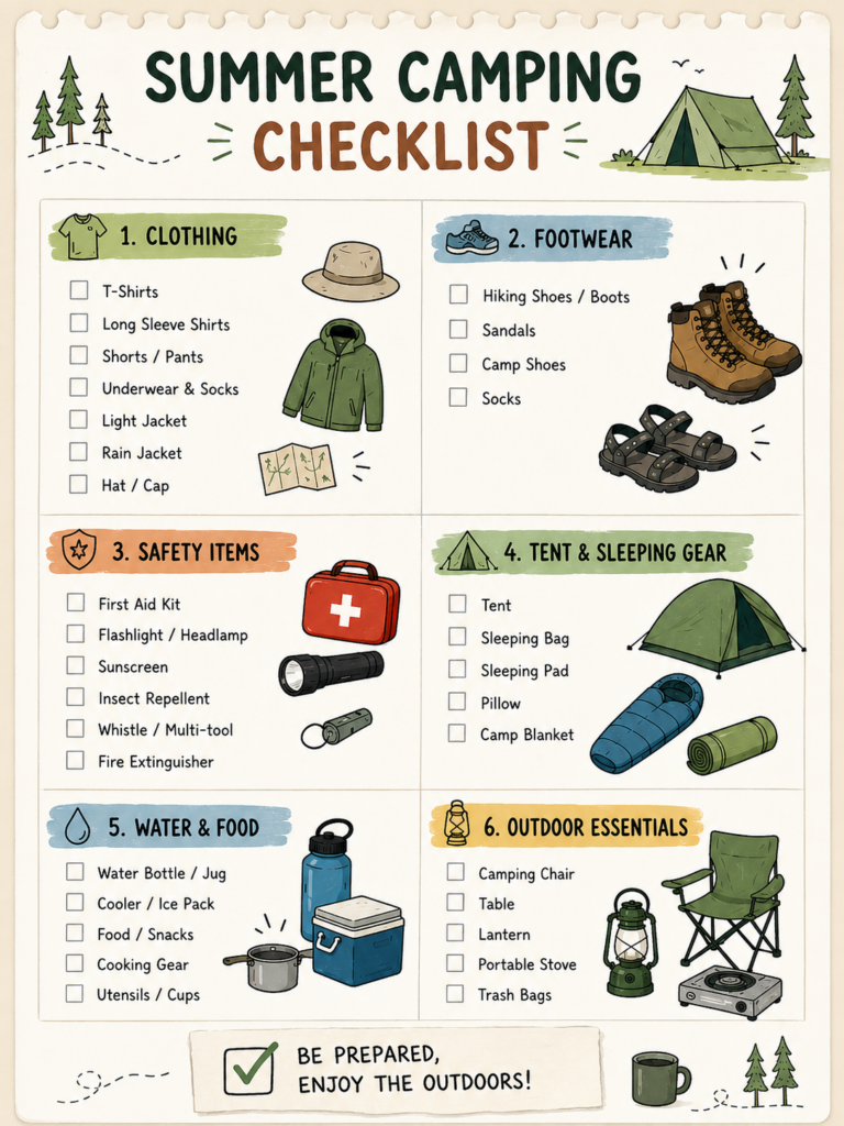 Summer camping checklist infographic showing clothing, footwear, safety items, tent and sleeping gear, water and food, and outdoor essentials